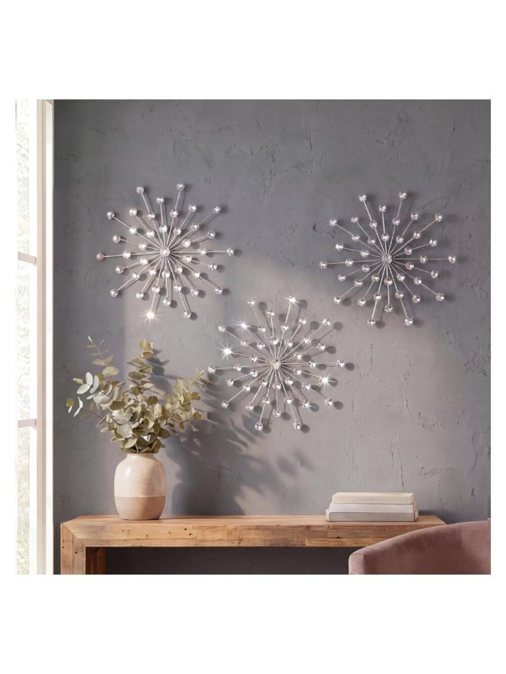 3 Set Metal Starburst Wall Art with Crystal Rhinestones 13in Home Decor Set